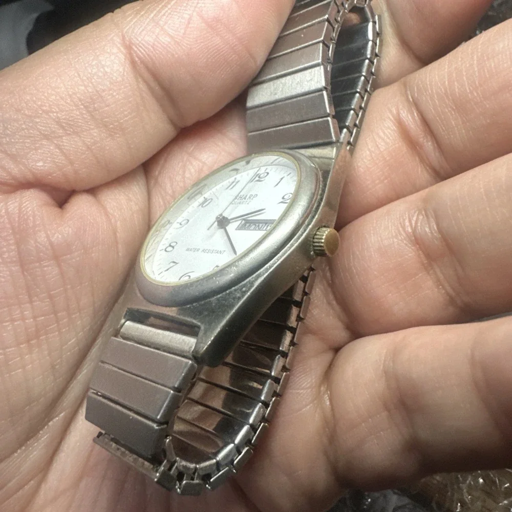 Working Vintage Sharp Mens Watch Silver Day Date White Quartz 35mm Fit 7.5